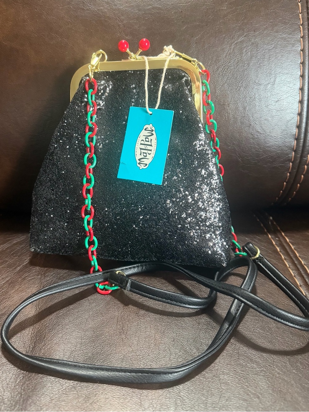 Black Glitter Mini Crossbody Bag with Red & Green Chain Strap